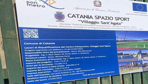Catania Spazio e Sport, Sindaco Trantino e assessore Parisi consegnano domani il nuovo Polo sportivo del Villaggio Sant&rsquo;Agata