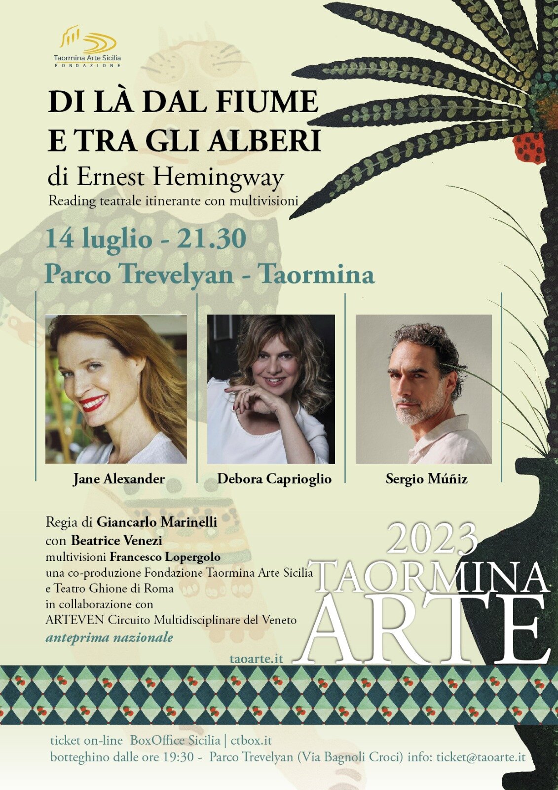"Di l&agrave; dal fiume e tra gli alberi", reading poetico il 14 luglio alla Villa Comunale di Taormina