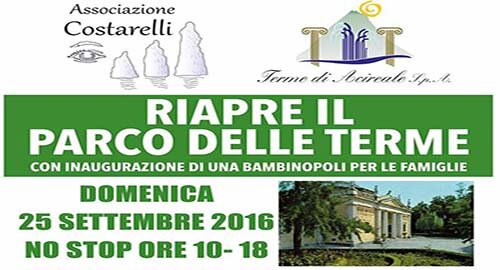 Domenica 24 Settembre iniziativa ad Acireale "Riapre il Parco delle Terme" con l'inaugurazione di una bambinopoli per le famiglie