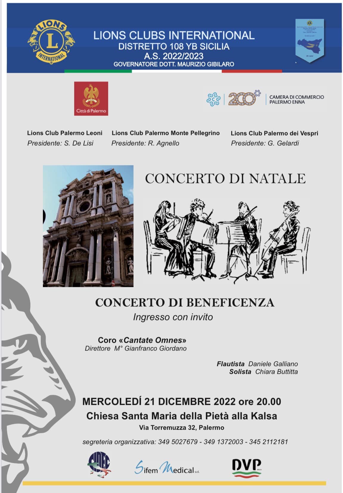 Il Coro &ldquo;Cantate Omnes&rdquo;, il flautista Daniele Galliano e la solista Chiara Buttitta protagonisti del concerto di beneficenza di CIDEC e Lions Club nella Chiesa di Santa Maria della Piet&agrave; a Palermo