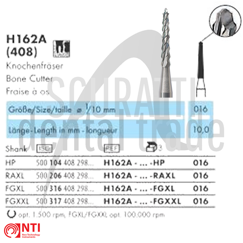 H162A Cross-cut surgical burs Ø1.6 mm tungsten carbide high precision