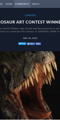 VINCITORE DEL CONCORSO SWCA 18/05/2013 Vincitori del Concorso di Arte sui Dinosauri! Andrea Leanza e RJ Palmer vincono rispettivamente il primo e il secondo premio nel nostro Concorso di Arte sui Dinosauri per celebrare l'uscita di JURASSIC PARK in 3D.