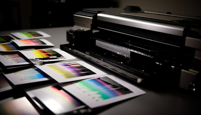 Stampante digitale con prove di stampa colorate su un tavolo. Stampante digitale con prove di stampa colorate su un tavolo.