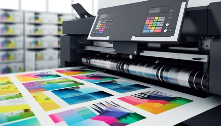 Stampante digitale producendo stampe colorate per personalizzazione spazi e allestimenti
