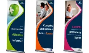 Tre banner pubblicitari verticali con testi su rappresentanza, seminari e pratiche per anziani.