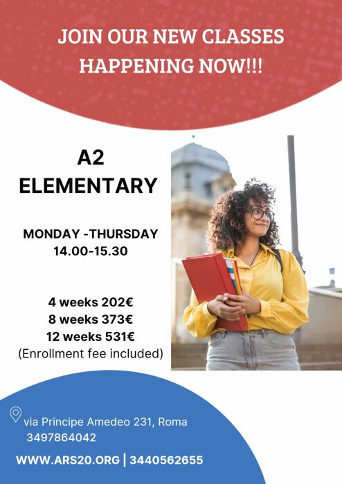 Italian A2 elementary course advertisement with schedule and pricing details Italian A2 elementary course advertisement with schedule and pricing details