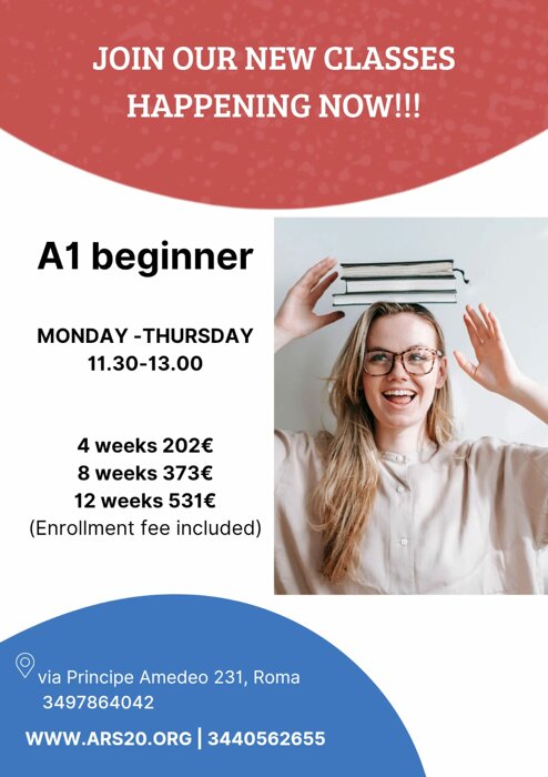 A1 beginner Italian classes flyer with course details and contact information.