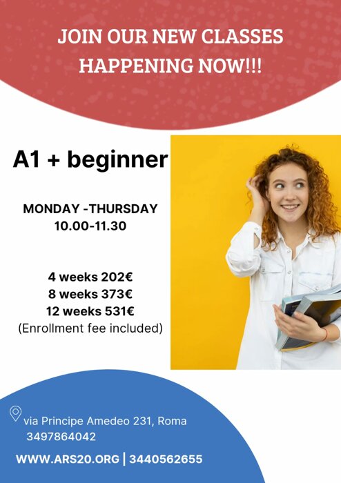Advertisement for A1 beginner Italian classes, Monday to Thursday, with pricing details and contact information.