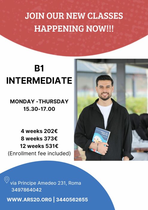 Italian language intermediate course promotion with contact details.