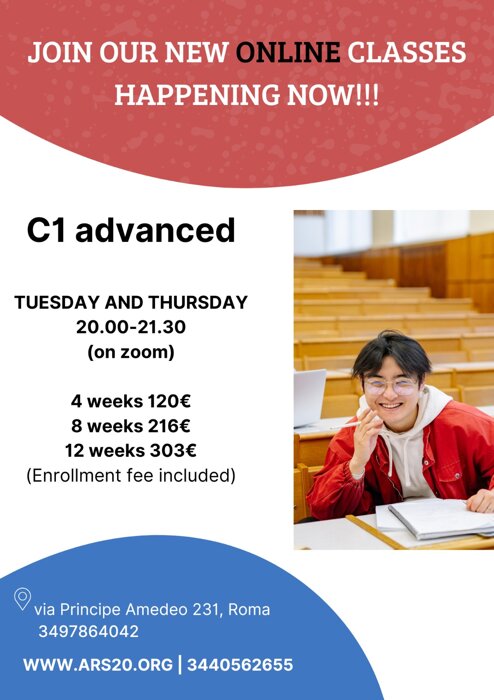 C1 advanced online Italian classes advertisement with schedule and pricing, student studying in a classroom. C1 advanced online Italian classes advertisement with schedule and pricing, student studying in a classroom.