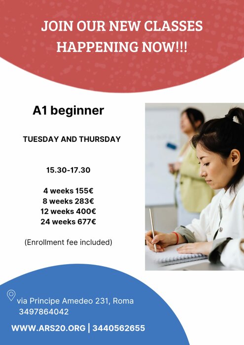 Flyer for A1 beginner Italian classes with schedule, prices, and contact info. Flyer for A1 beginner Italian classes with schedule, prices, and contact info.