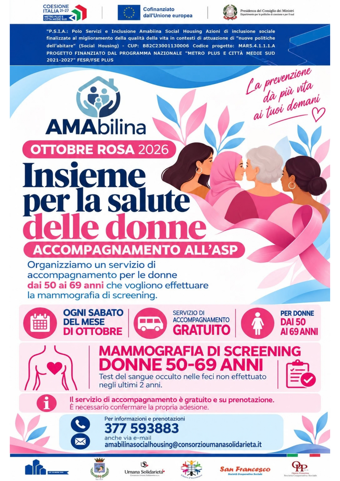Ottobre Rosa 2026, AMAbilina accompagna le donne alla prevenzione: un servizio gratuito per raggiungere l’ASP di Trapani