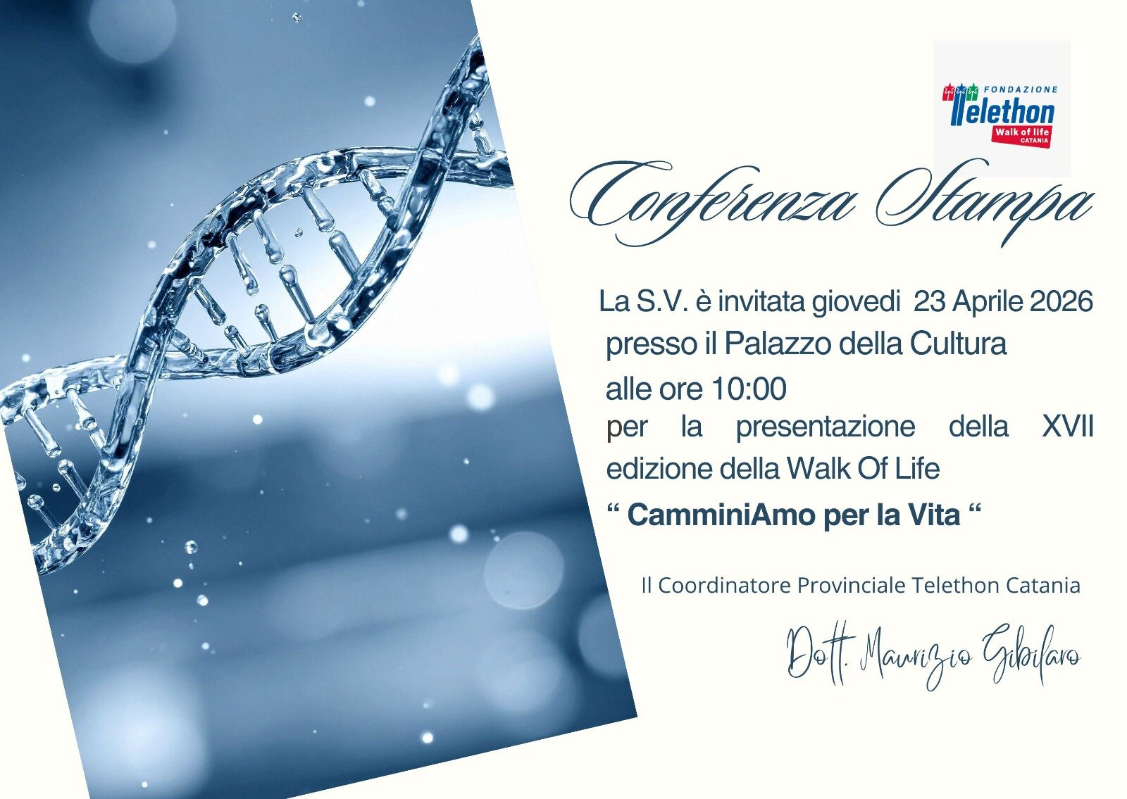 Telethon: al Palazzo della Cultura di Catania la presentazione della XVII edizione della &ldquo;Walk of Life Telethon - CamminiAMO per la vita&rdquo;, gioved&igrave; 23 aprile, alle ore 10:00