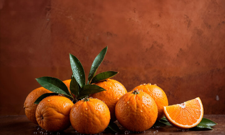 Fresh Sicilian oranges with water droplets and a slice, highlighting authentic taste.
