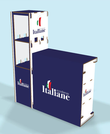 Esempio di desk e colonnina per espositori all’Expo del Made in Italy Tirana 2026