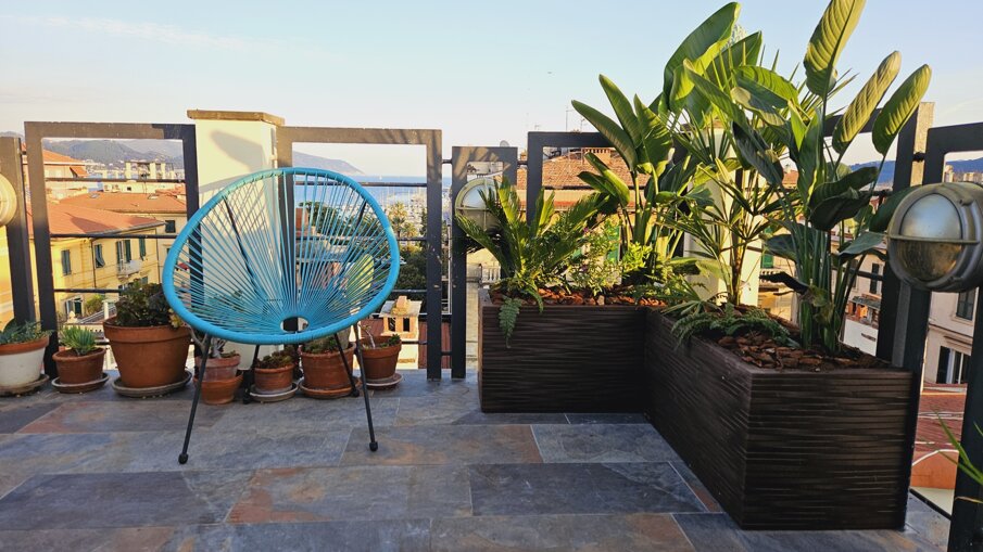 Terrazzo tropicale con sedia blu e piante verdi in città