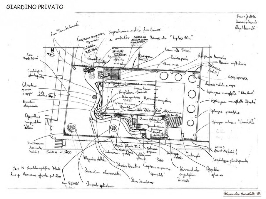 Progettazione giardini privati stile provenzale a Torino, disegno dettagliato del giardino con annotazioni