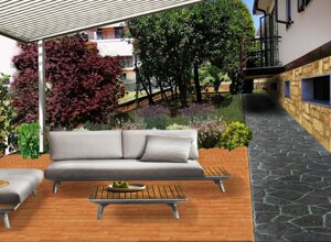 Terrazza moderna con divani e giardino progettato a Rivoli