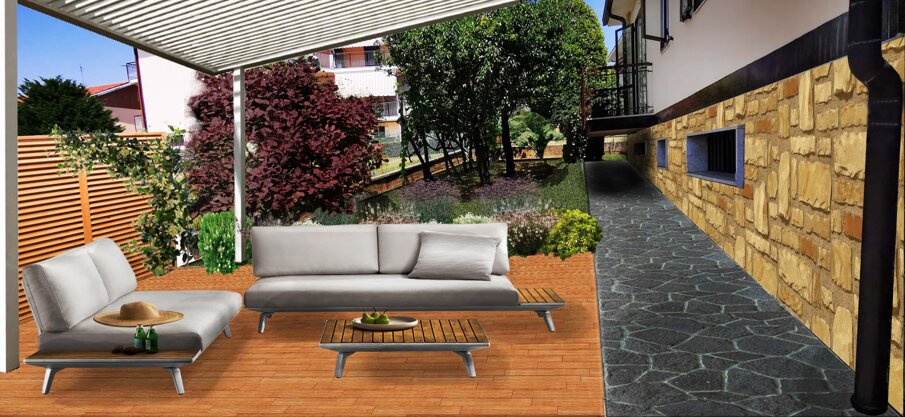Giardino privato con area relax sotto pergola, progettazione Sunset Garden, Rivoli 2022