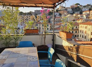 Terrazzo con piante tropicali e vista sulla città