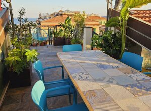 Terrazzo tropicale con piante e arredi colorati