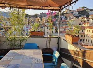 Terrazzo tropicale con piante e vista città