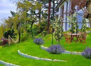 Giardino privato con prato verde, tavolo sotto pergola e alberi Giardino privato con prato verde, tavolo sotto pergola e alberi