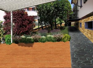 Giardino privato progettato con area verde e pavimentazione in legno sotto una pergola, Sunset Garden Rivoli 2022