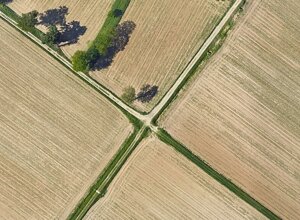 Vista aerea di campi agricoli con incrocio a forma di X Vista aerea di campi agricoli con incrocio a forma di X