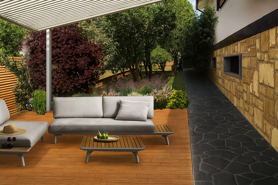 Terrazza con divani moderni e rigoglioso giardino privato progettato, Sunset Garden, Rivoli 2022