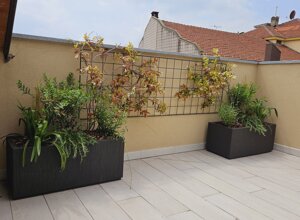 Terrazzo mediterraneo con vasi e piante rampicanti, progettazione terrazzo urbano Terrazzo mediterraneo con vasi e piante rampicanti, progettazione terrazzo urbano