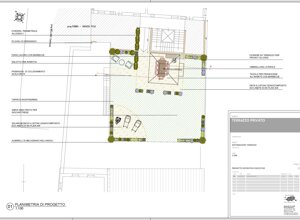 Planimetria di un terrazzo con dettagli di progettazione smart garden e spazi verdi.