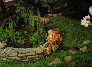 Giardino privato con biolago illuminato di notte e fiori floreali