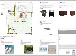 Planimetria di progetto per terrazzo con arredi e dettagli di design