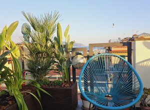 Terrazzo tropicale con vista sul mare, piante esotiche e sedia blu