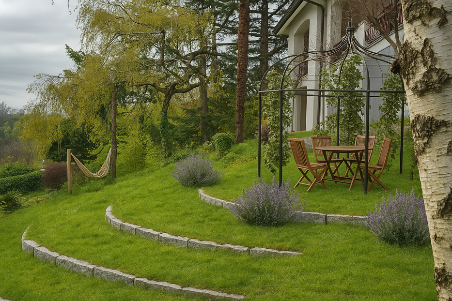 Giardino privato con gazebo e area pranzo in legno, progettazione verde elegante a Frossasco Giardino privato con gazebo e area pranzo in legno, progettazione verde elegante a Frossasco