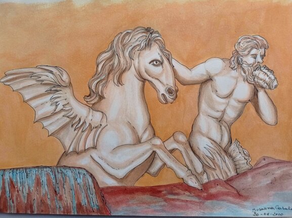 Fontana Tritone con cavallo alato Roma disegno