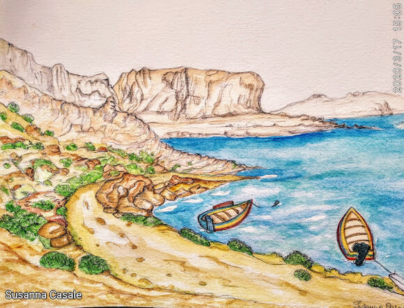 Vista della baia sul mare con barche acquarello