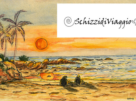 Acquarello spiaggia al tramonto a Goa in India