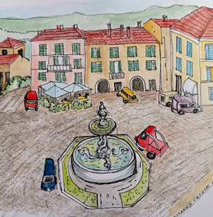 Piazza della fontana dall'alto Manciano toscana Italia