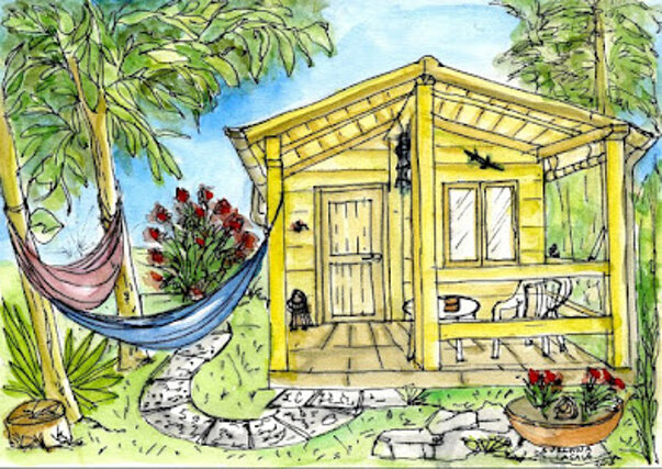 casa di legno nel bosco con amache appese acquarello