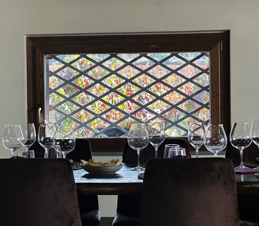 Table set for wine tasting with vineyard view through window