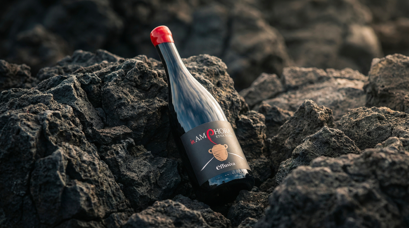Bottle of Amphora Etna Rosso wine on volcanic rocks, showcasing Sicilian volcanic wines and Etna terroir.