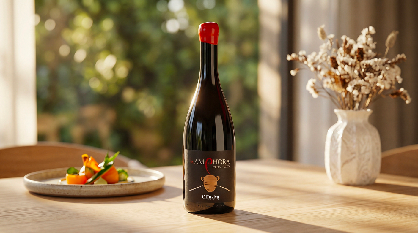Bottle of Etna Rosso wine on a table with a dish and vase.