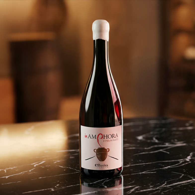 Bottle of Etna Rosato wine on a marble surface