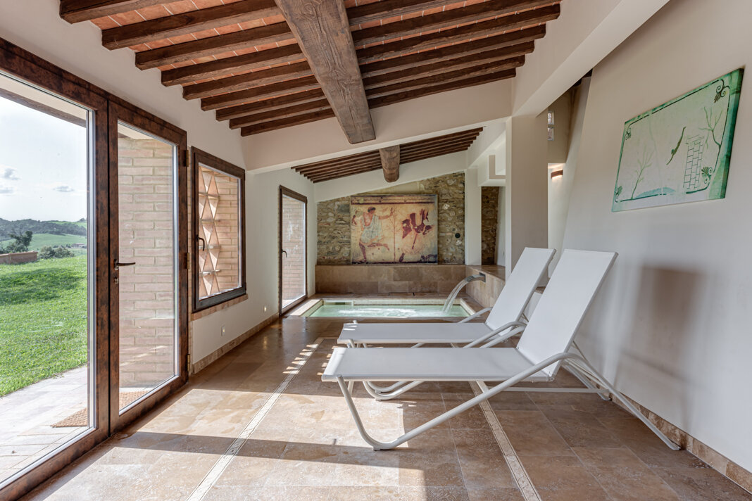 Exclusive private SPA area with hot tub and serene view at luxury rental Tuscany