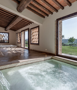 Exclusive private SPA area with hot tub and serene view at luxury rental Tuscan