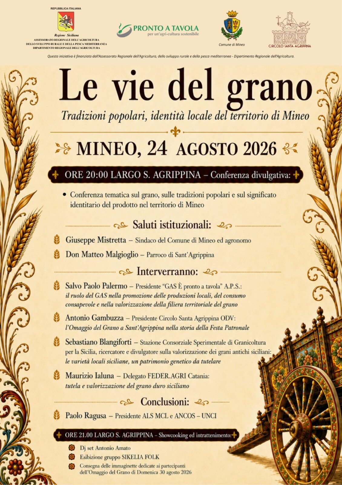 “Le vie del grano”: a Mineo tradizioni popolari, identità e produzioni locali al centro di una serata tra cultura, gusto e spettacolo