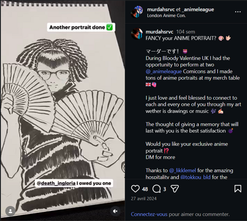 Black and white manga portrait of a person with dreadlocks holding two fans, with presentation text murdah srvc photo Black and white manga portrait of a person with dreadlocks holding two fans, with presentation text murdah srvc photo