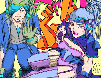 Colorful manga illustration of two characters in blue outfits on yellow background with graffiti murdah srvc photo Colorful manga illustration of two characters in blue outfits on yellow background with graffiti murdah srvc photo